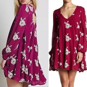 Free People Burgundy Embroidered Floral Emma Tunic Swing Dress Boho Size M